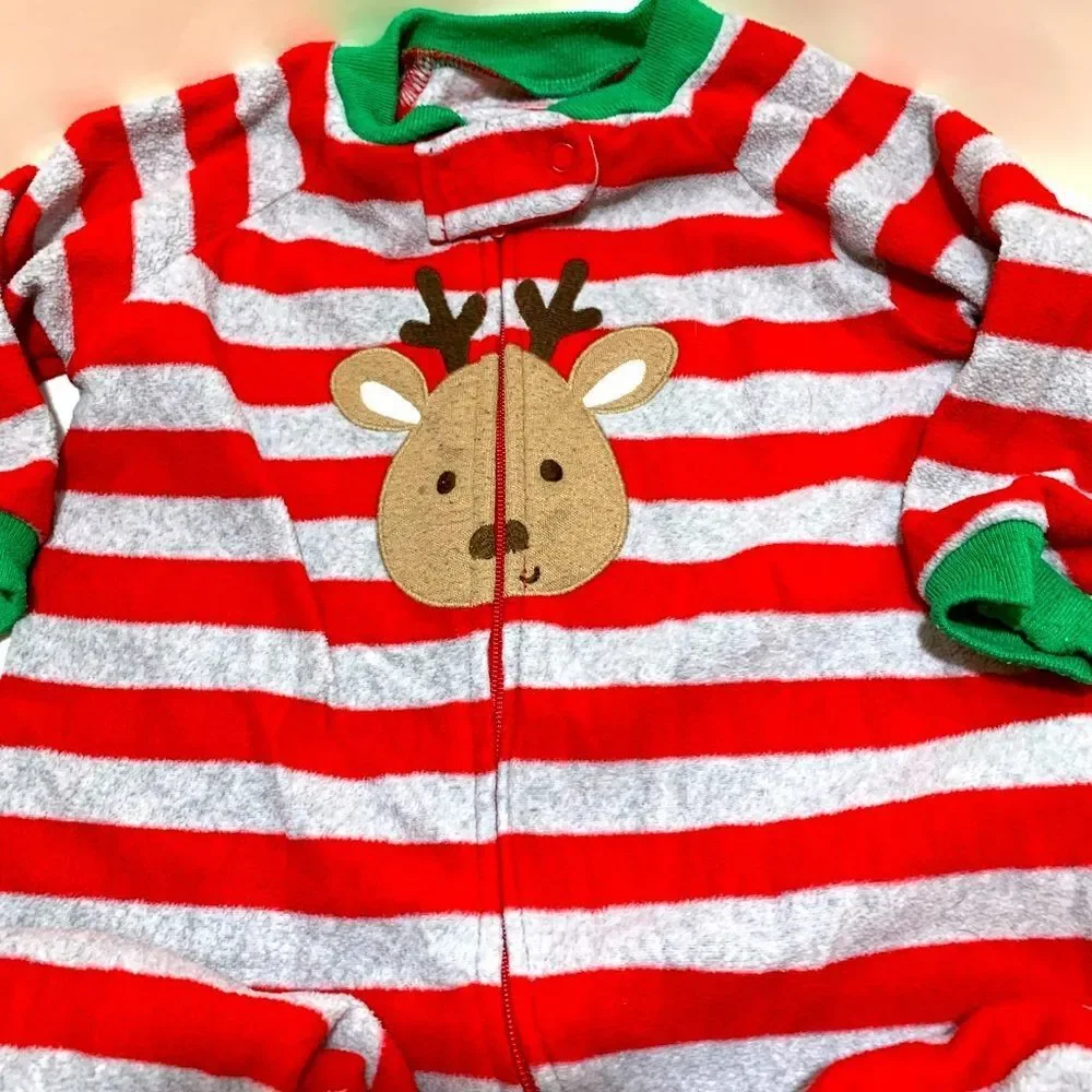 Carter’s Infant Boys Baby REINDEER Fleece Striped Pajamas Sleeper One Piece 9M